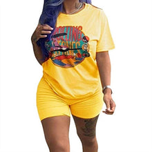 Load image into Gallery viewer, RAISEVERN Women Letters Print 2 Piece Sets Summer Short Sleeve Top And Shorts Set Track Suit Casual Two Pieces Outfits Tracksuit