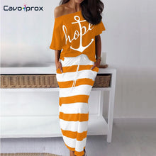 Load image into Gallery viewer, Women Two Piece Matching Sets Boat Anchor Print Short Sleeve Top T-shirt  &amp; Striped Ankle-length Skirt Sets Casual Suits