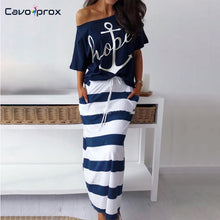 Load image into Gallery viewer, Women Two Piece Matching Sets Boat Anchor Print Short Sleeve Top T-shirt  &amp; Striped Ankle-length Skirt Sets Casual Suits