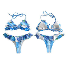 Load image into Gallery viewer, 2pcs Female Ruffle Printing Sexy Bikini Set Summer Women Beach Bathing Suit Swimming Padded Halter Lady Bandage Split Swimwear