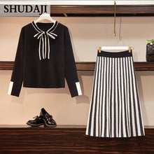 Load image into Gallery viewer, Large Size Women's  dress  Autumn  winter long sleeve bow tie striped dress knitted sweater Suit skirt two-piece suit drress