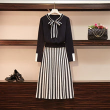 Load image into Gallery viewer, Large Size Women's  dress  Autumn  winter long sleeve bow tie striped dress knitted sweater Suit skirt two-piece suit drress