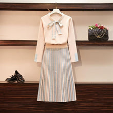 Load image into Gallery viewer, Large Size Women's  dress  Autumn  winter long sleeve bow tie striped dress knitted sweater Suit skirt two-piece suit drress