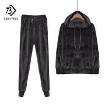 Load image into Gallery viewer, Velvet Tracksuit Two Piece Set Women Sexy Hooded Grey Long Sleeve Top And Pants Bodysuit Suit Runway Fashion Black D79101