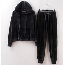 Load image into Gallery viewer, Velvet Tracksuit Two Piece Set Women Sexy Hooded Grey Long Sleeve Top And Pants Bodysuit Suit Runway Fashion Black D79101