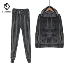 Load image into Gallery viewer, Velvet Tracksuit Two Piece Set Women Sexy Hooded Grey Long Sleeve Top And Pants Bodysuit Suit Runway Fashion Black D79101