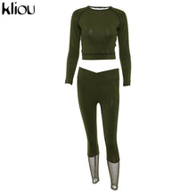 Load image into Gallery viewer, Kliou Long Sleeve Crop Tops Mesh Patchwork Elastic Leggings 2 Pieces Set Women Fashion Sportswear