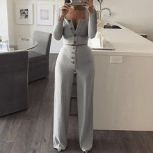 Load image into Gallery viewer, Autumn Women Knitted Rib Sexy 2 Piece Set Women 2018 Winter Casual Gray  Matching Sets Outfit 2 Piece Set Elegant Straight Pants