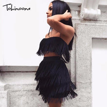 Load image into Gallery viewer, Tobinoone Women sexy club tassel short crop top women tops skirt summer 2 piece set for female women two pieces set skirts white