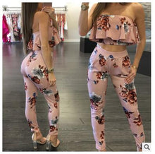 Load image into Gallery viewer, Women print ruffles crop top long pants 2 piece set for female women 2018 autumn new off shoulder two piece set women's suits