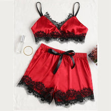 Load image into Gallery viewer, 2PCS Set Women Sexy Satin Lace Sleepwear Babydoll Lingerie Nightdress Pajamas