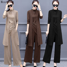 Load image into Gallery viewer, Knitted 3 Pieces Set Women Tracksuit Long Sleeve Cardigan and Sleeveless Pullover Tops and Wide Leg Pants Suit Women's Sets