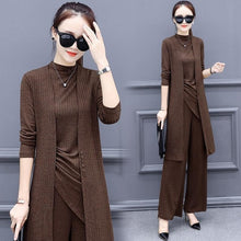 Load image into Gallery viewer, Knitted 3 Pieces Set Women Tracksuit Long Sleeve Cardigan and Sleeveless Pullover Tops and Wide Leg Pants Suit Women's Sets