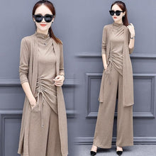 Load image into Gallery viewer, Knitted 3 Pieces Set Women Tracksuit Long Sleeve Cardigan and Sleeveless Pullover Tops and Wide Leg Pants Suit Women's Sets