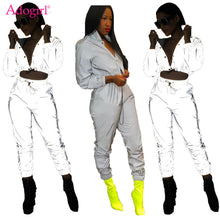 Load image into Gallery viewer, Adogirl Women Sexy Reflective Tracksuit Night Version Buttons Turn Down Collar Long Sleeve Crop Top + Casual Pants Two Piece Set