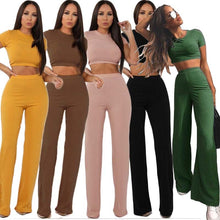 Load image into Gallery viewer, Women knitted long sleeve o-neck crop top wide leg pants 2 piece set for female women tops pants two pieces sets women's suits