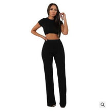 Load image into Gallery viewer, Women knitted long sleeve o-neck crop top wide leg pants 2 piece set for female women tops pants two pieces sets women's suits