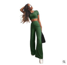 Load image into Gallery viewer, Women knitted long sleeve o-neck crop top wide leg pants 2 piece set for female women tops pants two pieces sets women's suits