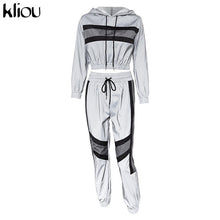 Load image into Gallery viewer, Kliou 2018 new arrival women Reflective two pieces sets Silver pactwork ctop top sweatshirts elastic drawstring pants tracksuits