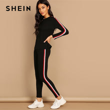 Load image into Gallery viewer, SHEIN Streetwear Black Striped Tape Tee Pants Long Sleeve Round Neck Set Women Two Piece Set Autumn Plain