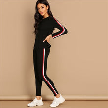 Load image into Gallery viewer, SHEIN Streetwear Black Striped Tape Tee Pants Long Sleeve Round Neck Set Women Two Piece Set Autumn Plain