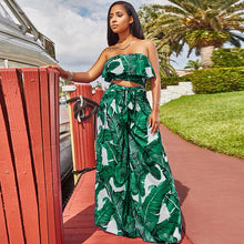 Load image into Gallery viewer, Boho Women Two Piece Set Leaves Print Off Shoulder Ruffles Cropped Top Wide Leg Pants High Waist Slim New Sexy Suits Streetwear