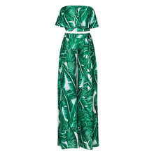 Load image into Gallery viewer, Boho Women Two Piece Set Leaves Print Off Shoulder Ruffles Cropped Top Wide Leg Pants High Waist Slim New Sexy Suits Streetwear