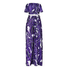 Load image into Gallery viewer, Boho Women Two Piece Set Leaves Print Off Shoulder Ruffles Cropped Top Wide Leg Pants High Waist Slim New Sexy Suits Streetwear