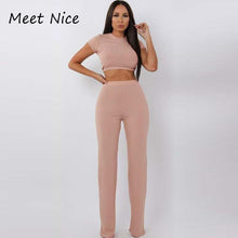 Load image into Gallery viewer, 2 Two Piece Set Women Ribbed O Neck Crop Top and Long Pants Set Sexy Autumn Short Sleeve Tracksuit Women Conjunto Feminino 2019