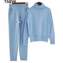 Load image into Gallery viewer, TAOVK Winter Woolen and Cashmere Knitted Warm Suit High Collar Sweater + Mink Cashmere Pants Loose Style Two-piece Set Knit