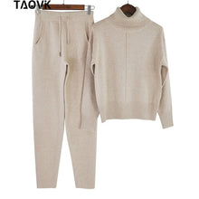 Load image into Gallery viewer, TAOVK Winter Woolen and Cashmere Knitted Warm Suit High Collar Sweater + Mink Cashmere Pants Loose Style Two-piece Set Knit