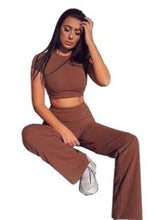 Load image into Gallery viewer, Women knitted long sleeve o-neck crop top wide leg pants 2 piece set for female women tops pants two pieces sets women's suits
