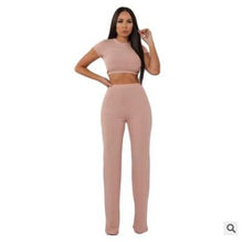 Load image into Gallery viewer, Women knitted long sleeve o-neck crop top wide leg pants 2 piece set for female women tops pants two pieces sets women's suits