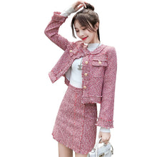 Load image into Gallery viewer, HAMALIEL High Quality Women 2 Piece Set Autumn Winter Red Tweed Tassel Single Breasted Jacket Coat + Fringe A Line Skirt Suits