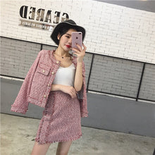 Load image into Gallery viewer, HAMALIEL High Quality Women 2 Piece Set Autumn Winter Red Tweed Tassel Single Breasted Jacket Coat + Fringe A Line Skirt Suits