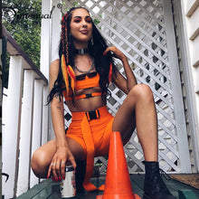 Load image into Gallery viewer, Simenual Streetwear Buckle Sexy Hot Two Piece Sets Women Cut Out Neon Color Outfits Casual Summer Biker Shorts And Top Sets