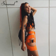 Load image into Gallery viewer, Simenual Streetwear Buckle Sexy Hot Two Piece Sets Women Cut Out Neon Color Outfits Casual Summer Biker Shorts And Top Sets