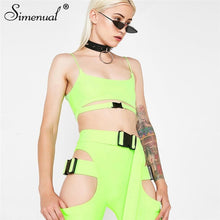 Load image into Gallery viewer, Simenual Streetwear Buckle Sexy Hot Two Piece Sets Women Cut Out Neon Color Outfits Casual Summer Biker Shorts And Top Sets