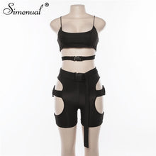 Load image into Gallery viewer, Simenual Streetwear Buckle Sexy Hot Two Piece Sets Women Cut Out Neon Color Outfits Casual Summer Biker Shorts And Top Sets