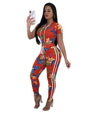 Load image into Gallery viewer, Adogirl Floral Print Casual Summer Two Piece Set Short Sleeve Hooded Women's T-shirt Crop Top + Pants Tracksuit Fashion Outfits