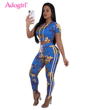 Load image into Gallery viewer, Adogirl Floral Print Casual Summer Two Piece Set Short Sleeve Hooded Women's T-shirt Crop Top + Pants Tracksuit Fashion Outfits
