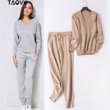 Load image into Gallery viewer, TAOVK Soft winter knitted Suit Women's Sets Streetwear V-neck Sweaters Elastic Band Pants two piece set 2 Piece Set house suit