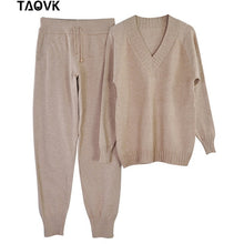 Load image into Gallery viewer, TAOVK Soft winter knitted Suit Women's Sets Streetwear V-neck Sweaters Elastic Band Pants two piece set 2 Piece Set house suit