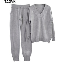 Load image into Gallery viewer, TAOVK Soft winter knitted Suit Women's Sets Streetwear V-neck Sweaters Elastic Band Pants two piece set 2 Piece Set house suit