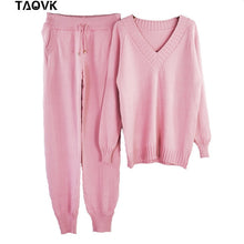 Load image into Gallery viewer, TAOVK Soft winter knitted Suit Women's Sets Streetwear V-neck Sweaters Elastic Band Pants two piece set 2 Piece Set house suit
