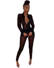Load image into Gallery viewer, Adogirl Women Sexy Sheer Mesh Two Piece Set Long Sleeve Shirts Top + Pencil Pants Fashion Blouse Suit Night Club Party Outfits