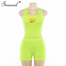 Load image into Gallery viewer, Simenual Letter Embroidery 2 Piece Set Women Casual Neon Color Tracksuits Summer Streetwear Crop Top And Shorts Sets Fashion New
