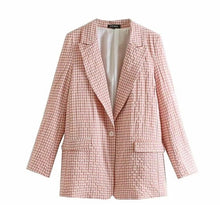 Load image into Gallery viewer, 2019 Pink Plaid Suit Sets Single Button Blazer High Waist Harem Pants Office Lady Formal Summer Two Piece Set