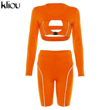 Load image into Gallery viewer, Kliou women slim skinny two pieces set Reflective striped patchwork outfit 2019 hollow out button crop top with shorts tracksuit