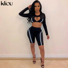 Load image into Gallery viewer, Kliou women slim skinny two pieces set Reflective striped patchwork outfit 2019 hollow out button crop top with shorts tracksuit